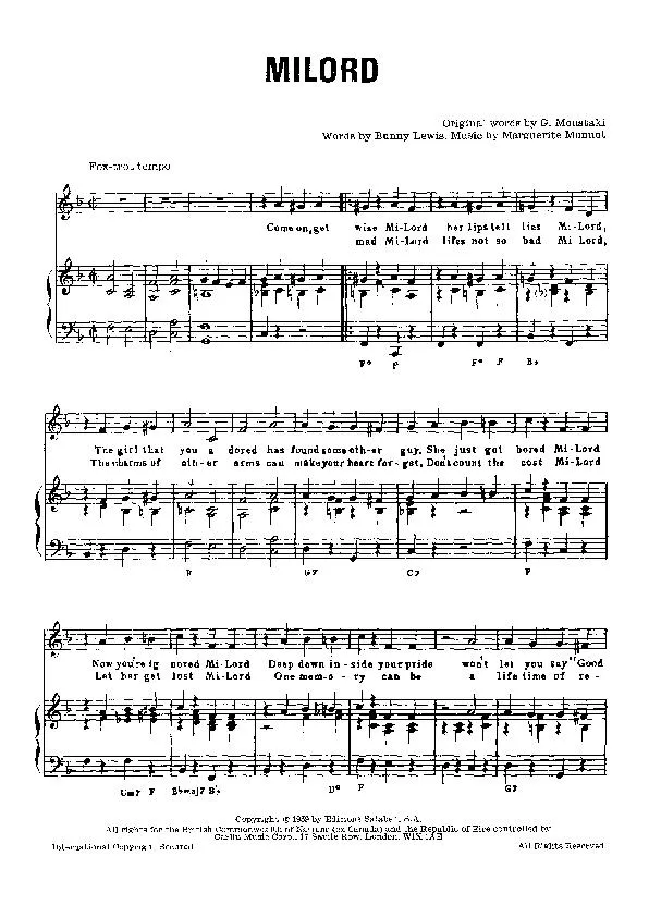 télécharger la partition d'accordéon Milord (Chant : Edith Piaf) au format PDF