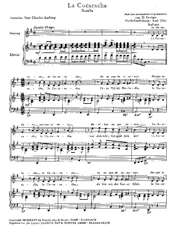 télécharger la partition d'accordéon La Cucaracha (Arrangement : Karl Götz) (Rumba) au format PDF