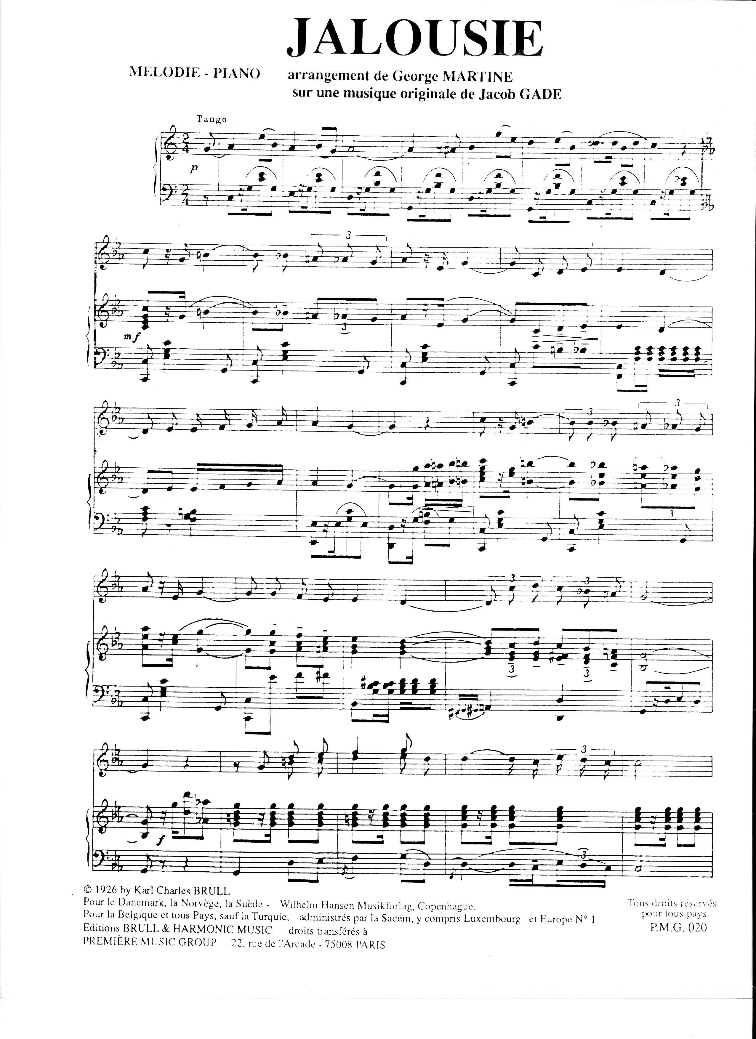 télécharger la partition d'accordéon Jalousie (Arrangement : George Martine) (Tango) (Piano) au format PDF