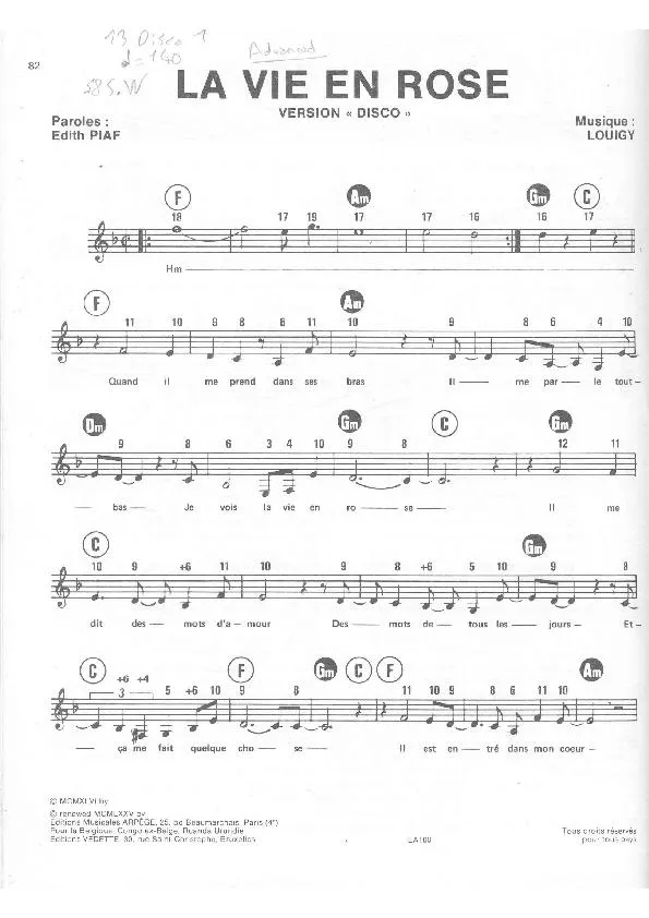 télécharger la partition d'accordéon La vie en rose (Version Disco) au format PDF