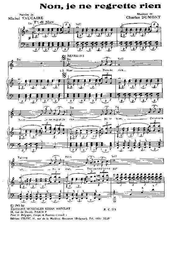 télécharger la partition d'accordéon Non je ne regrette rien (Chant : Edith Piaf) au format PDF