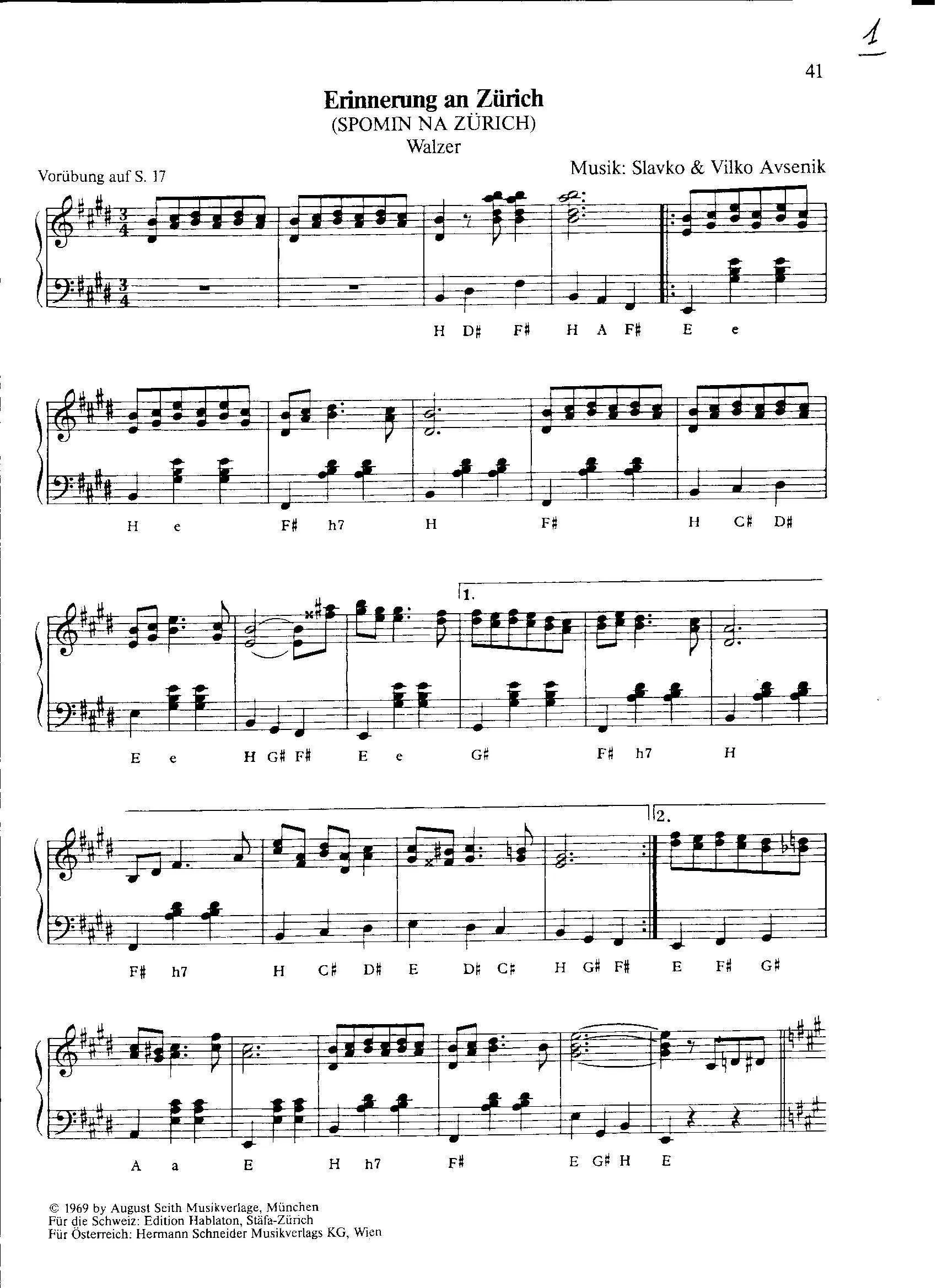 télécharger la partition d'accordéon Erinnerung an Zürich (Spomin Na Zürich) (Valse) au format PDF