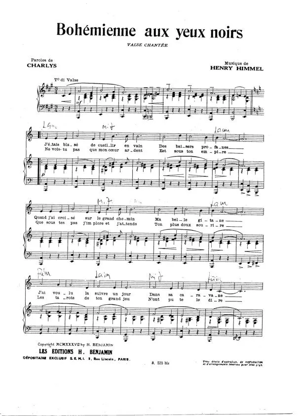 télécharger la partition d'accordéon Bohémienne aux yeux noirs (Valse Chantée) au format PDF