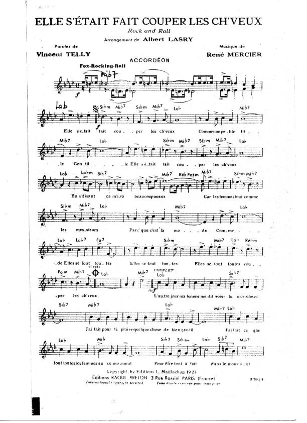 télécharger la partition d'accordéon Elle s'était fait couper les ch'veux (Arrangement : Albert Lasry) (Rock and Roll) au format PDF