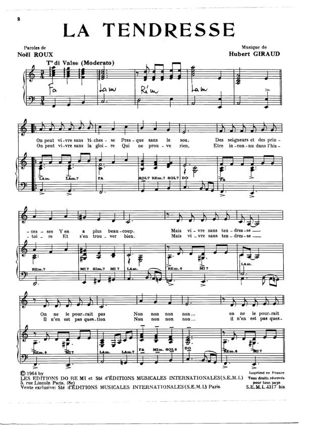 télécharger la partition d'accordéon La tendresse (Chant : Bourvil) (Valse Chantée) au format PDF