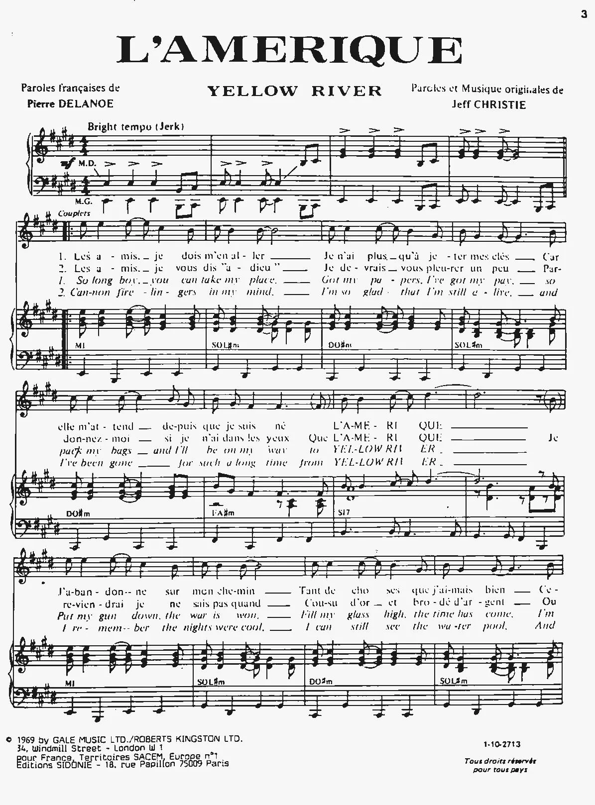 télécharger la partition d'accordéon L'Amérique (Yellow River) (Chant : Joe Dassin) au format PDF