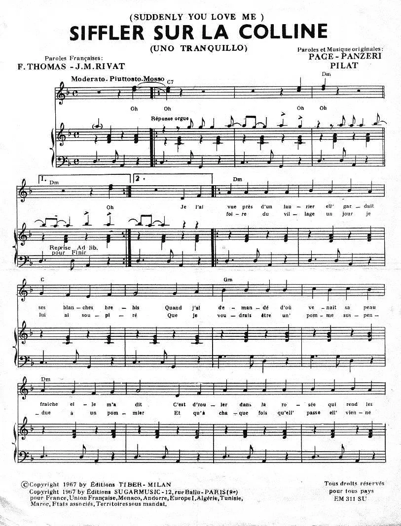 télécharger la partition d'accordéon Siffler sur la colline (Suddenly you love me) (Uno tranquillo) (Chant : Joe Dassin) au format PDF