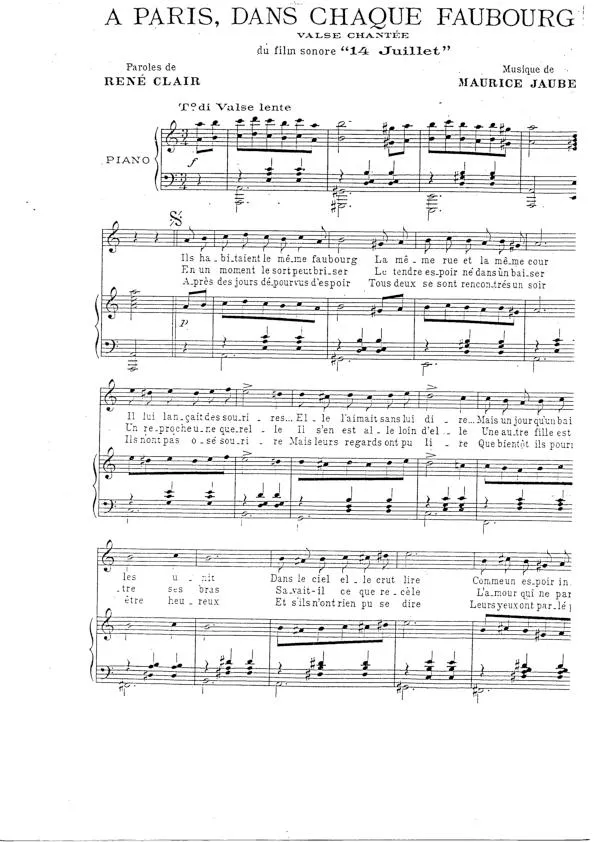 télécharger la partition d'accordéon A Paris dans chaque faubourg (Du Film Sonore : 14 Juillet) (Valse Chantée) au format PDF
