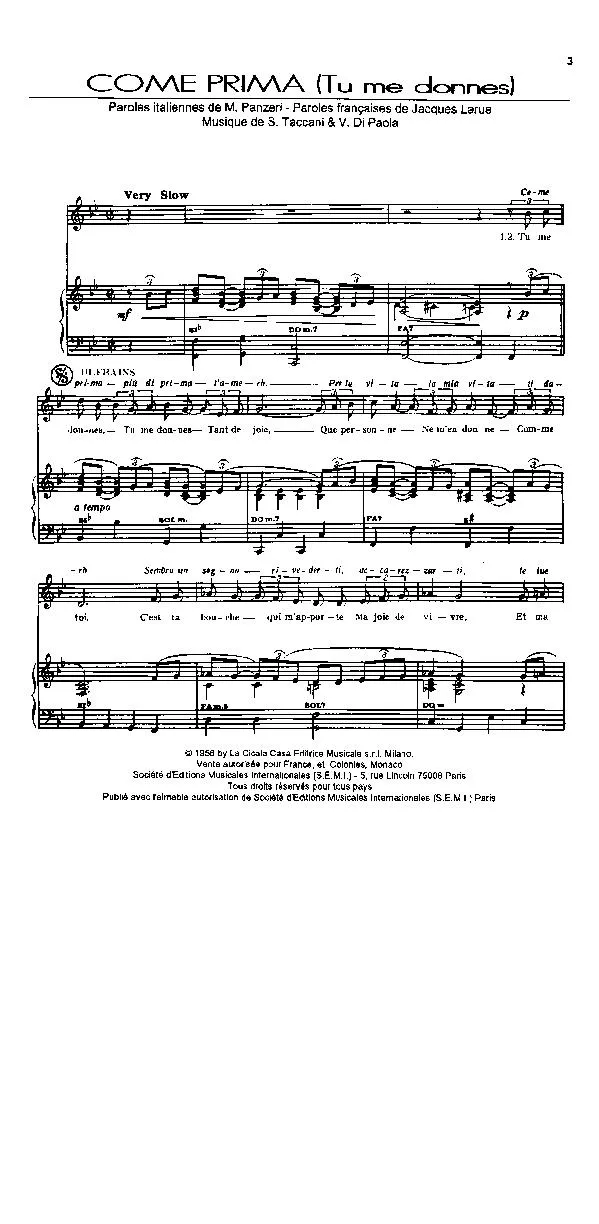 télécharger la partition d'accordéon Come Prima (Tu me donnes) (Chant : Dalida) au format PDF