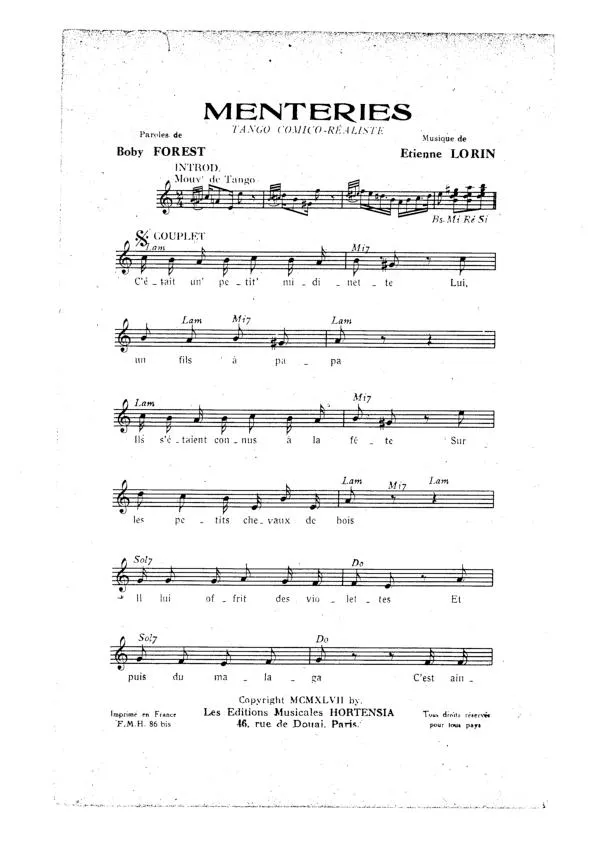 télécharger la partition d'accordéon Menteries (Chant : Bourvil) (Tango Comico Réaliste) au format PDF