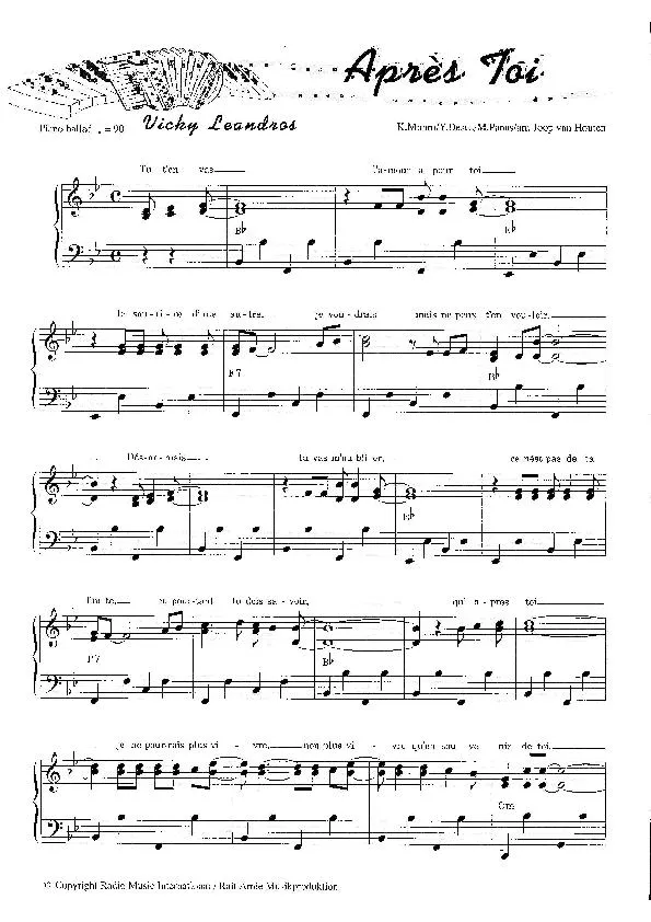 télécharger la partition d'accordéon Après toi (Chant : Vicky Leandros) (Eurovision 1972) au format PDF