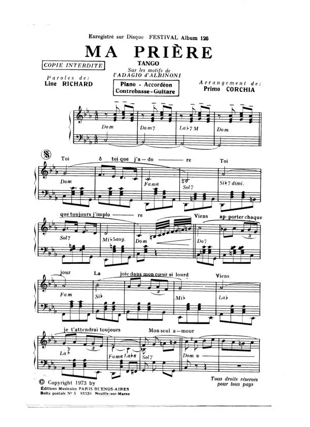 télécharger la partition d'accordéon Ma prière (Tango) au format PDF