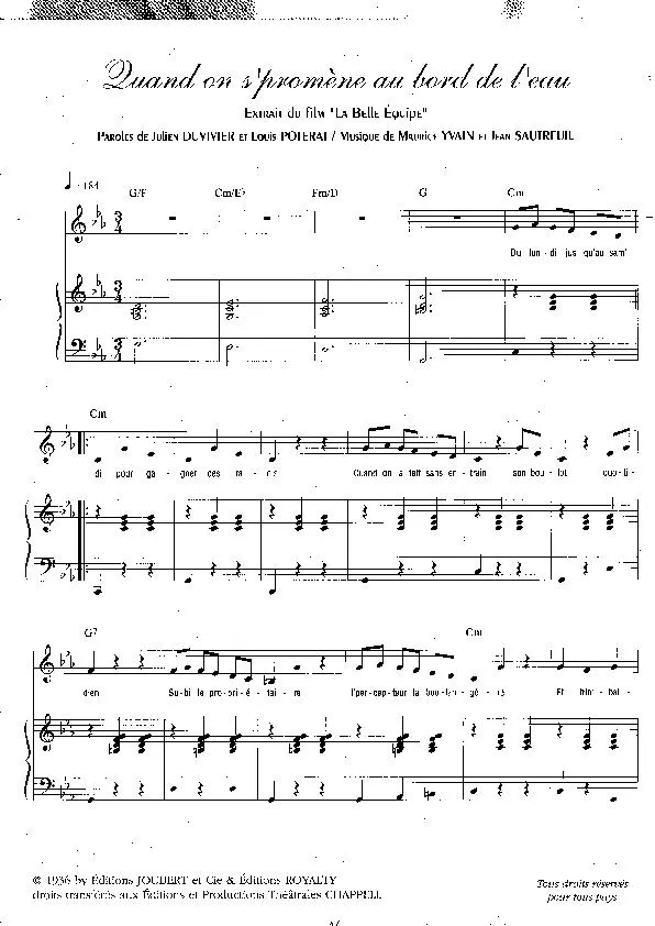 télécharger la partition d'accordéon Quand on s' promène au bord de l'eau (Du Film : La belle équipe) au format PDF