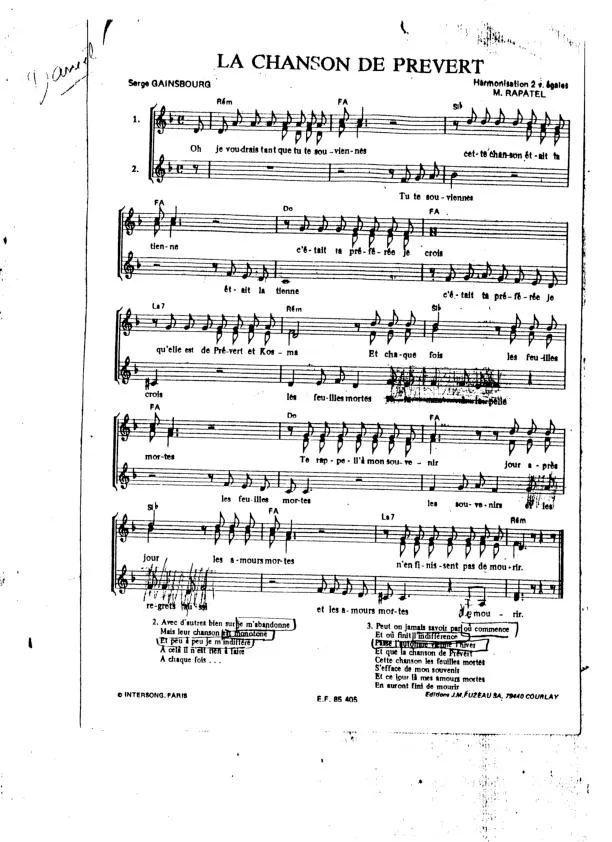 télécharger la partition d'accordéon La chanson de Prévert (Harmonisation 2 voix égales) au format PDF