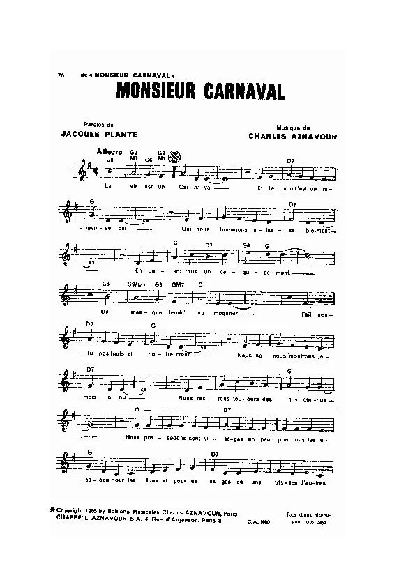 télécharger la partition d'accordéon Monsieur Carnaval (Chant : Georges Guétary) au format PDF
