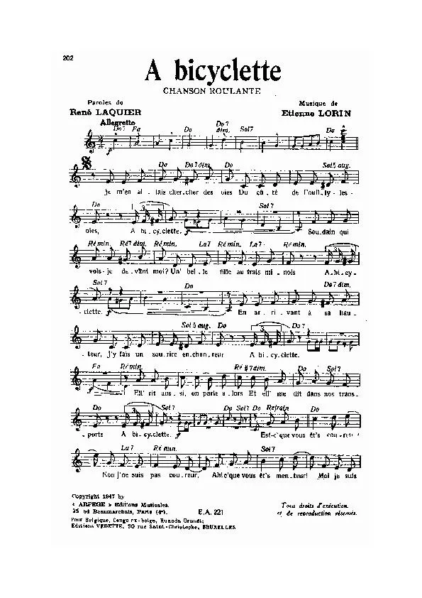 télécharger la partition d'accordéon A Bicyclette (Chant : Bourvil / Yves Montand) au format PDF