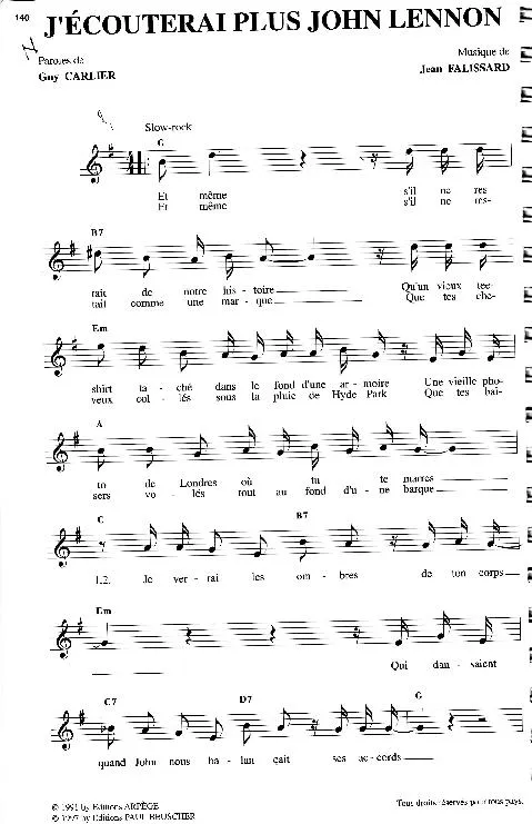 télécharger la partition d'accordéon J'écouterai plus John Lennon (Slow Rock) au format PDF