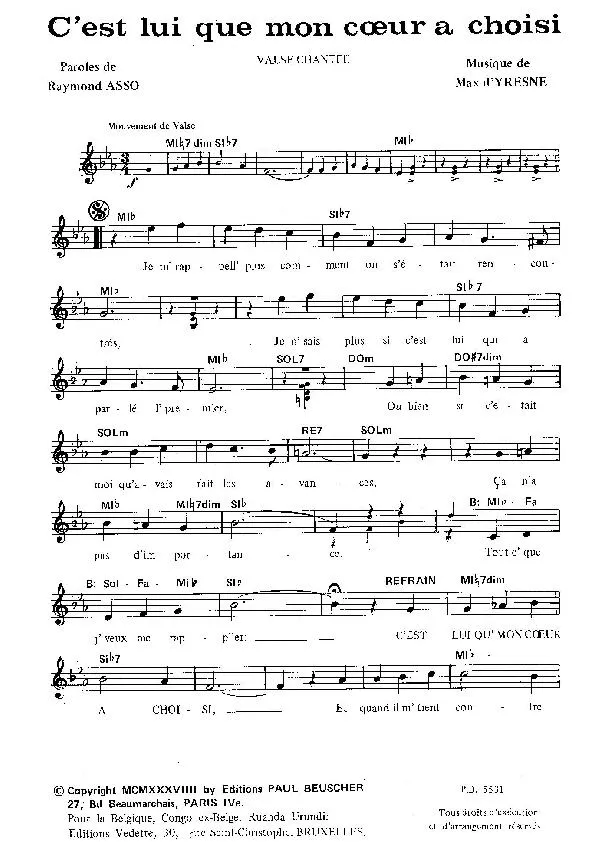 télécharger la partition d'accordéon C'est lui que mon cœur a choisi (Chant : Edith Piaf / Germaine Sablon) (Valse Chantée) au format PDF