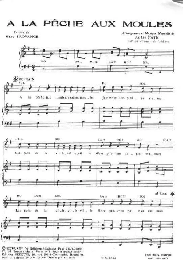 télécharger la partition d'accordéon A la pêche aux moules (Chant : Jacques Martin) au format PDF