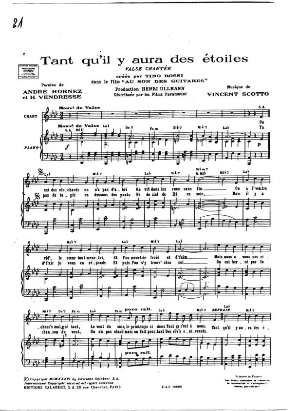 télécharger la partition d'accordéon Tant qu'il y aura des étoiles (Du Film : Au son des guitares) (Chant : Tino Rossi) au format PDF