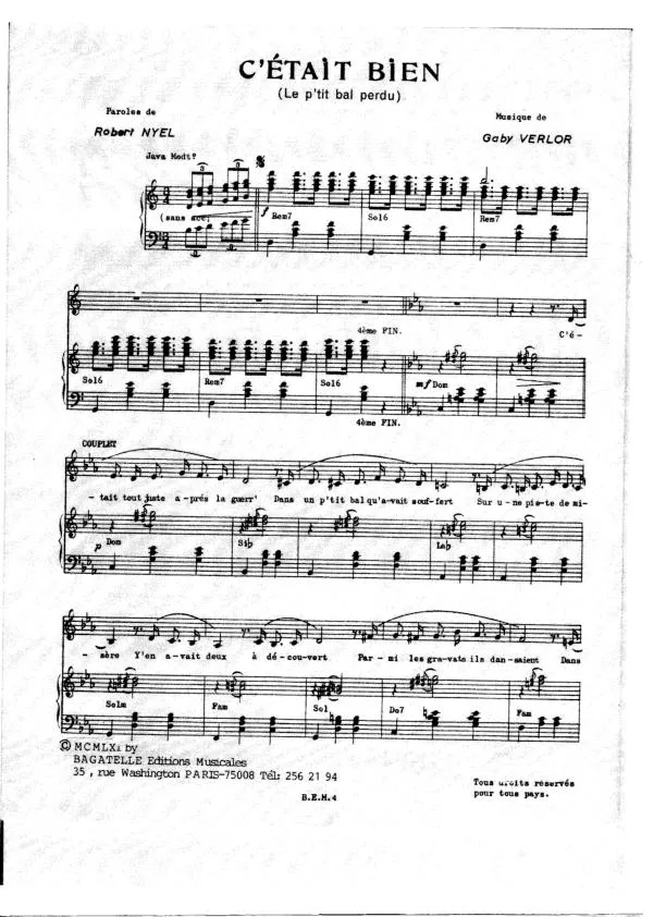 télécharger la partition d'accordéon C'était bien (Le p'tit bal perdu) (Chant : Bourvil) au format PDF