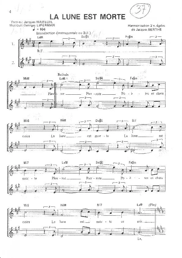 télécharger la partition d'accordéon La lune est morte (Harmonisation 2 voies égales) au format PDF