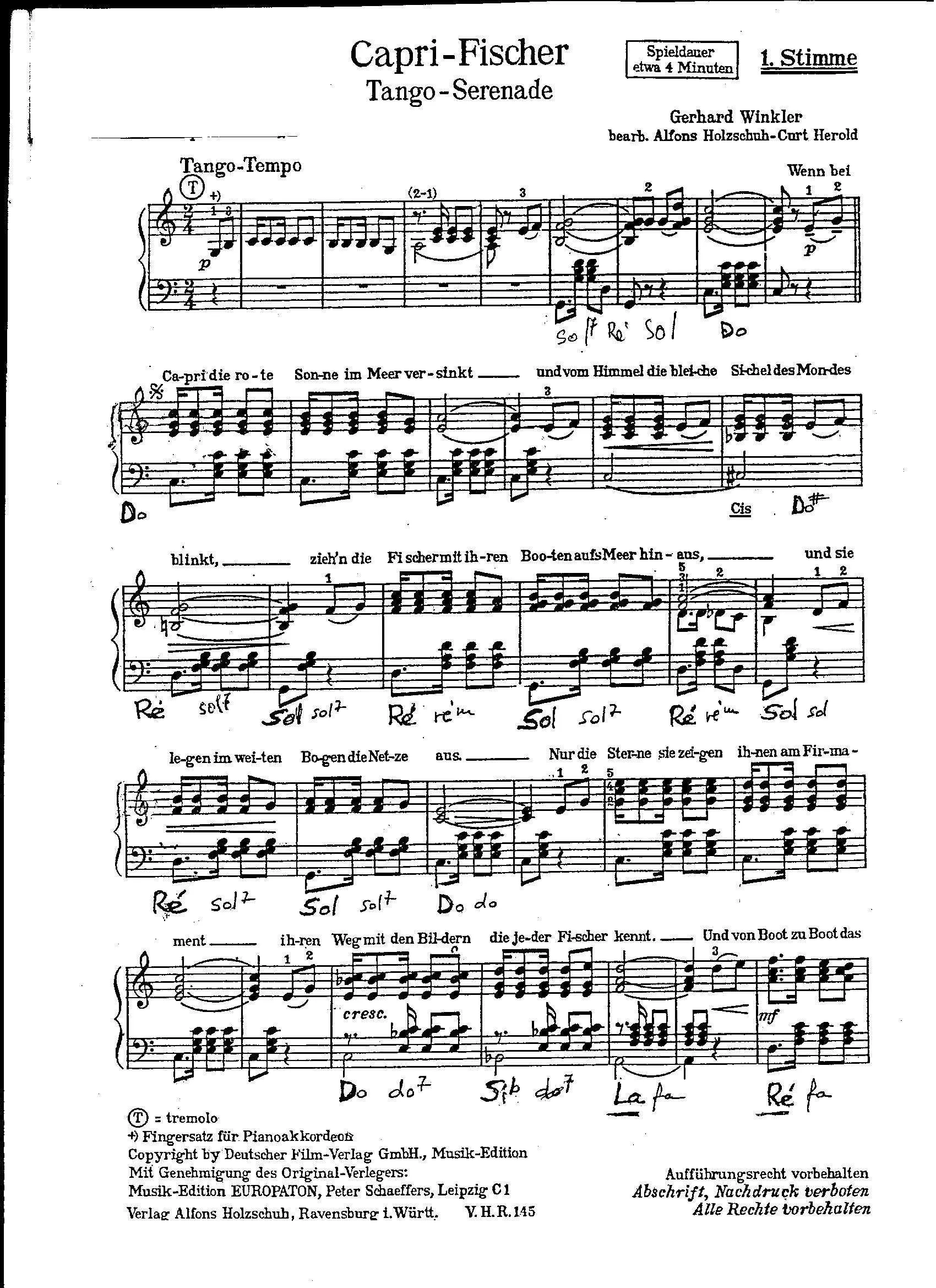 télécharger la partition d'accordéon Capri Fischer (Tango Sérénade) (1er Voix) au format PDF