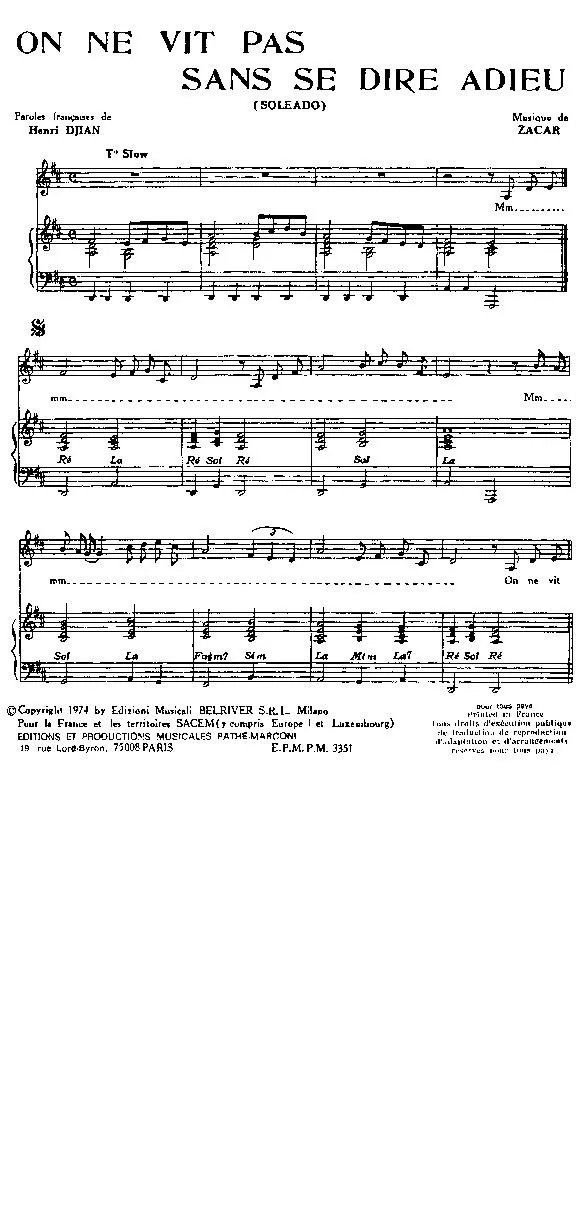 télécharger la partition d'accordéon On ne vit pas sans se dire adieu (Soleado) (Tränen lugen nicht) (A child is born)  (Chant : Mireille Mathieu / Johnny Mathis / Michael Holm) au format PDF