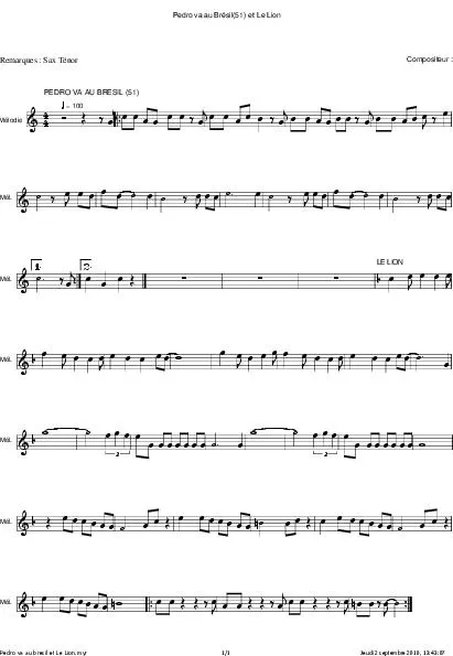 télécharger la partition d'accordéon Pedro va au Brésil + Le Lion (Partie Saxophone) au format PDF