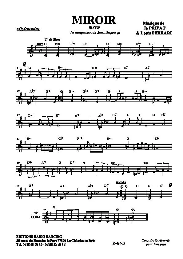 télécharger la partition d'accordéon Miroir (Arrangement : Jean Degeorge) (Slow) au format PDF