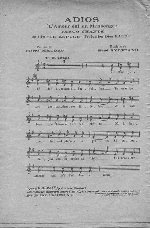télécharger la partition d'accordéon Adios (L'amour est un mensonge) (Du film : Le refuge) (Tango Chanté) au format PDF