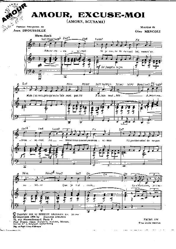 télécharger la partition d'accordéon Amour Excuse moi (Amore scusami) (Slow Rock) au format PDF