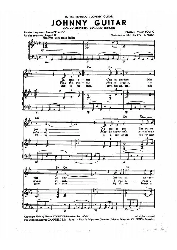 télécharger la partition d'accordéon Johnny Guitar (Johny Guitare) (Johnny Gitaar) au format PDF