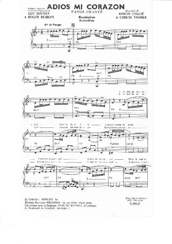 télécharger la partition d'accordéon Adios Mi Corazon (Tango Chanté) au format PDF