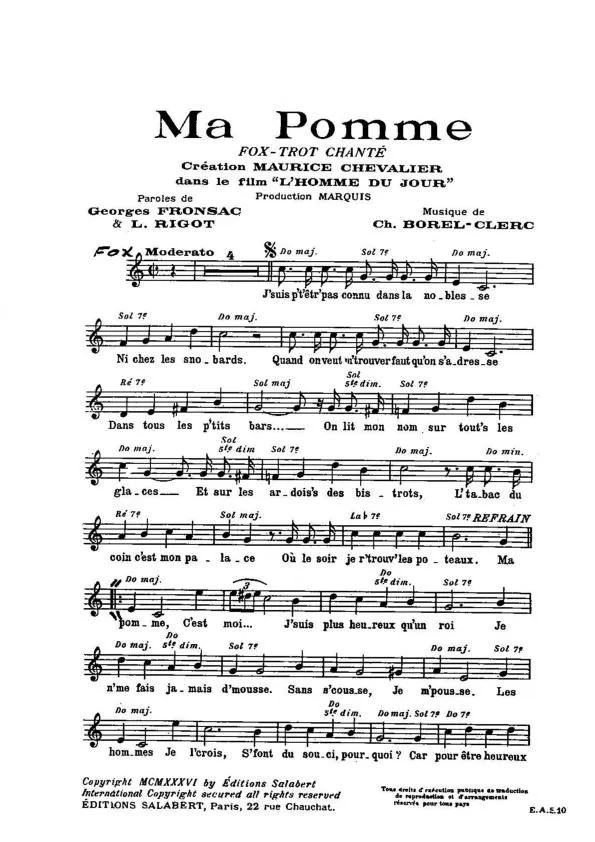 télécharger la partition d'accordéon Ma pomme (Dans le Film : L'homme du jour) (Chant : Maurice Chevalier) (Fox Trot) au format PDF