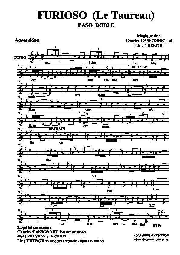 télécharger la partition d'accordéon Furioso (Le Taureau) (Paso Doble) au format PDF
