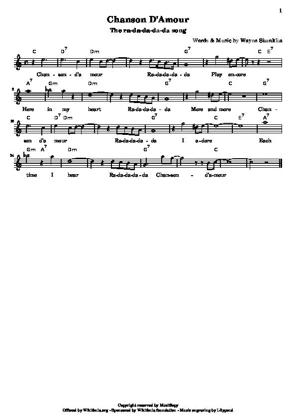 télécharger la partition d'accordéon Chanson d'amour (The Ra Da Da Da Da Song) au format PDF
