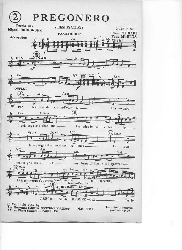 télécharger la partition d'accordéon Pregonero (Résignation) (Paso Doble) au format PDF