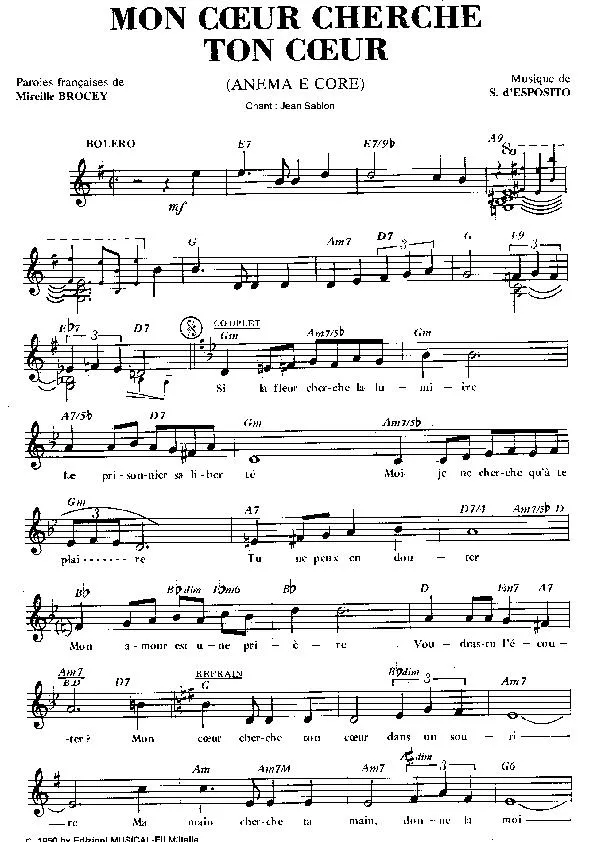 télécharger la partition d'accordéon Mon cœur cherche ton cœur (Anema e core) (Chant : Jean Sablon) (Boléro Chanté) au format PDF