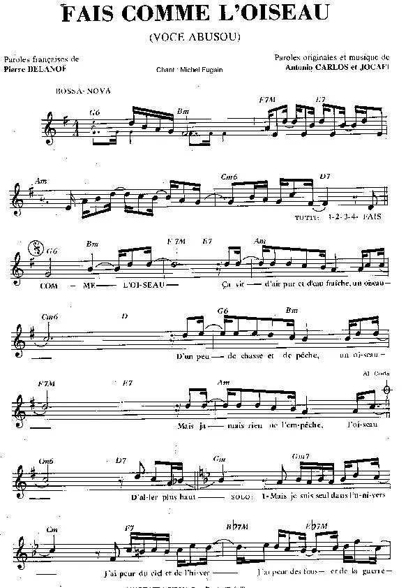 télécharger la partition d'accordéon Fais comme l'oiseau (Voce abusou) (Chant : Michel Fugain) au format PDF