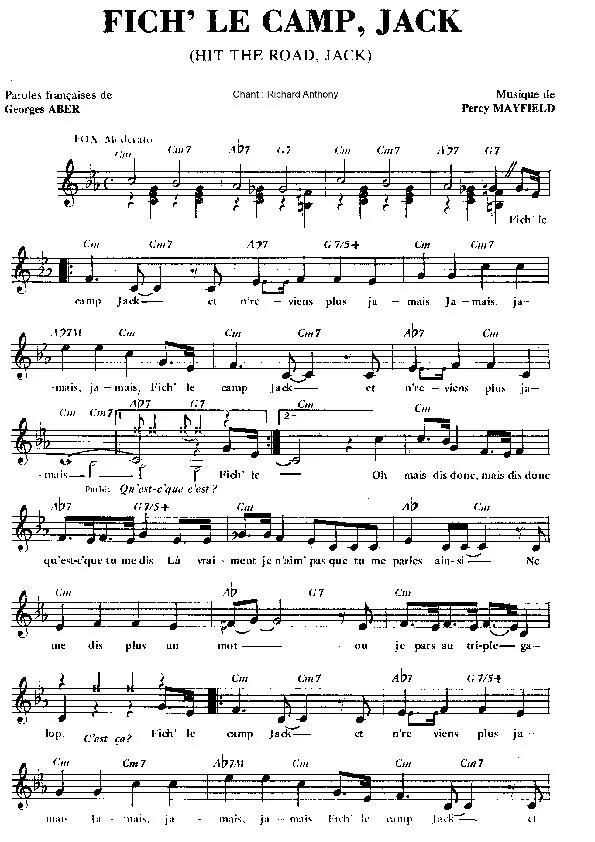 télécharger la partition d'accordéon Fich' le camp Jack (Hit the road Jack) (Chant : Richard Anthony)  au format PDF