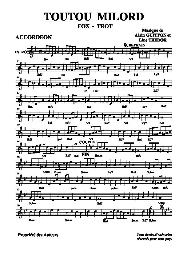 télécharger la partition d'accordéon Toutou Milord (Fox Trot) au format PDF