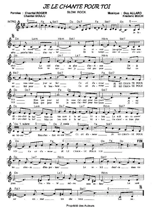 télécharger la partition d'accordéon Je le chante pour toi (Slow Rock) au format PDF