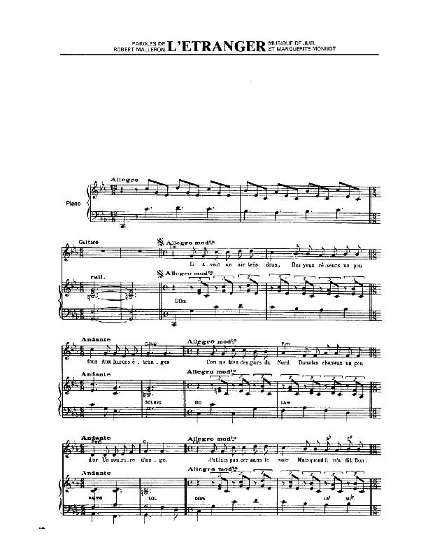 télécharger la partition d'accordéon L'étranger (Chant : Edith Piaf) au format PDF