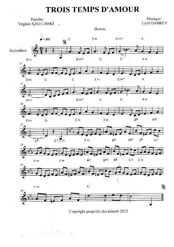 télécharger la partition d'accordéon Trois Temps d'Amour (Boston) au format PDF