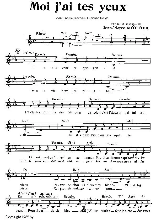 télécharger la partition d'accordéon Moi j'ai tes yeux (Chant : André Claveau ou Lucienne Delyle) (Slow) au format PDF