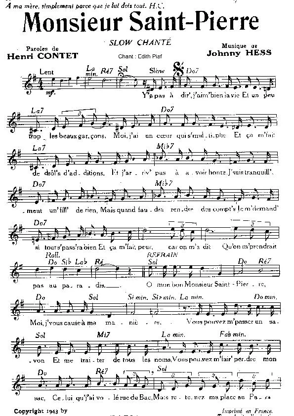 télécharger la partition d'accordéon Monsieur Saint Pierre (Chant : Edith Piaf) au format PDF
