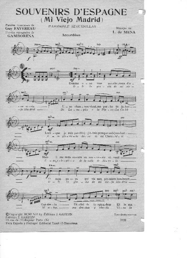 télécharger la partition d'accordéon Souvenirs d'Espagne (Mi viejo Madrid) (Paso Doble Séguidillas) au format PDF