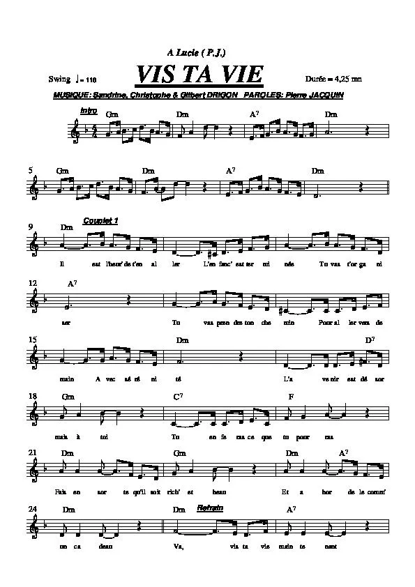 télécharger la partition d'accordéon Vis ta vie (Swing) au format PDF