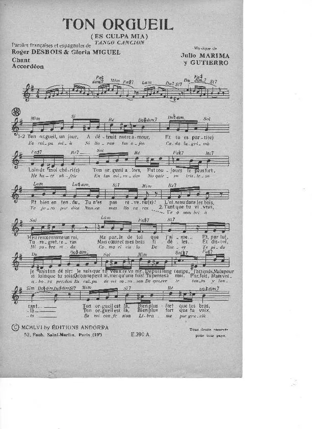 télécharger la partition d'accordéon Ton orgueil (Es Culpa Mia) (Tango) au format PDF